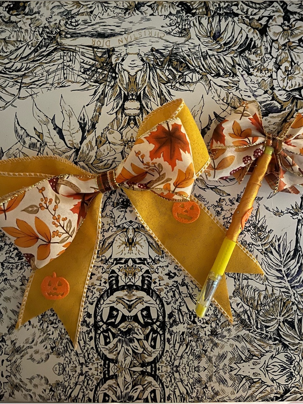 Handmade Girls Orange Autumn Leaf Hair Bow with Pumpkin Accent Bow Pen